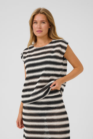 Molin Sleeveless Lace Top in Black-and-Broken-White Stripe