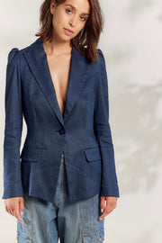 Puff-Shoulder, Fitted Linen Blazer in Night Sky