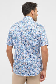 Short-Sleeved, Modern-Fit Sport Shirt in Blue Nature Print