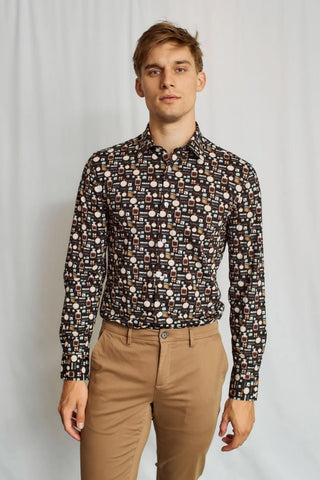 Brishon Long-Sleeved Sport Shirt in Navy Whisky Print