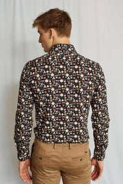 Brishon Long-Sleeved Sport Shirt in Navy Whisky Print