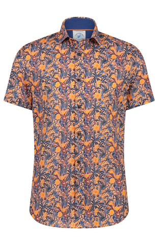 Short-Sleeved Sport Shirt With Multicoloured Leafs Print