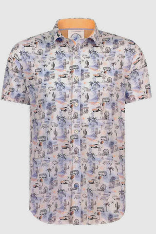 Short-Sleeved Sport Shirt With West Coast Print in Light Blue
