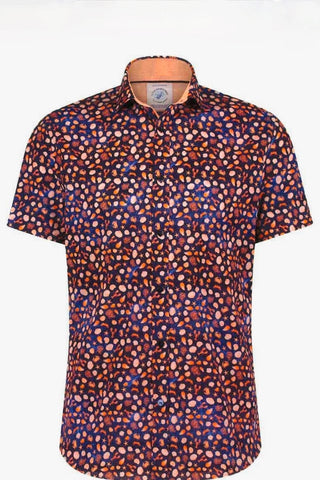 Short-Sleeved Sport Shirt With Lobster-Claw Print in Navy