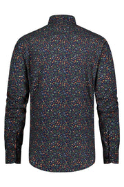 Long-Sleeved Sport Shirt in Navy Small-Leaves Print