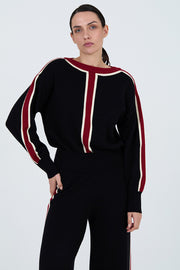 Sweater in Black with Red Intarsia Stripe Detail