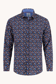 Long Sleeve Casual Shirt in Navy Bottle Row Print