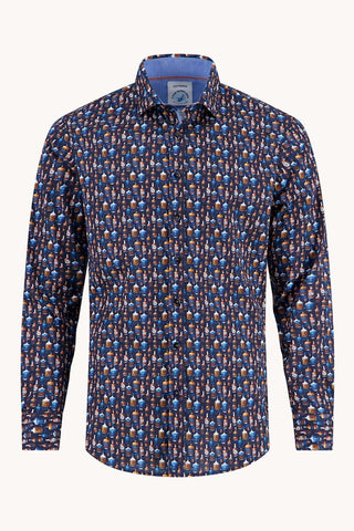 Long Sleeve Casual Shirt in Navy Bottle Row Print