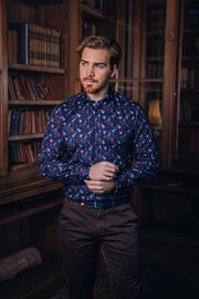 Long Sleeve Casual Shirt in Navy Guitar Print