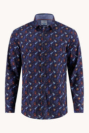 Long Sleeve Casual Shirt in Navy Guitar Print