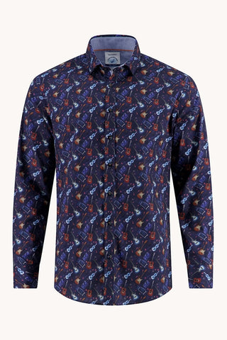 Long Sleeve Casual Shirt in Navy Guitar Print