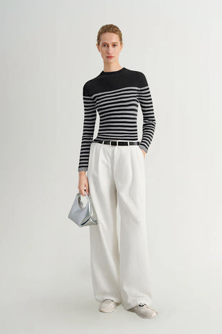 Wool Blend Striped Sweater in Black