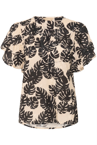 Debora Short-Sleeved Blouse in Black Palm-Leaf Print