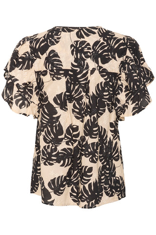 Debora Short-Sleeved Blouse in Black Palm-Leaf Print