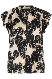 Miso Berna Cap-Sleeved Top in Black Palm-Leaf Print