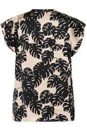 Miso Berna Cap-Sleeved Top in Black Palm-Leaf Print