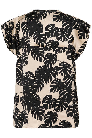 Miso Berna Cap-Sleeved Top in Black Palm-Leaf Print