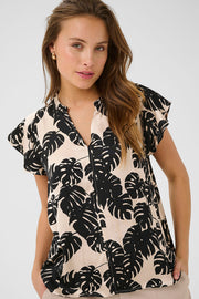 Miso Berna Cap-Sleeved Top in Black Palm-Leaf Print