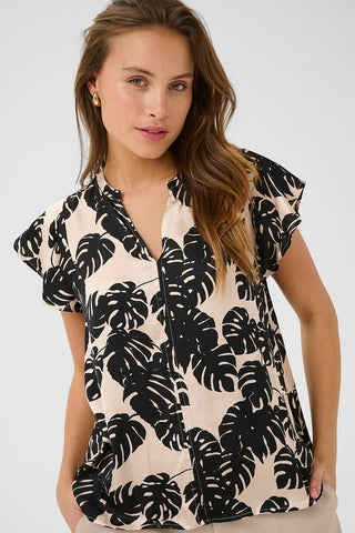 Miso Berna Cap-Sleeved Top in Black Palm-Leaf Print