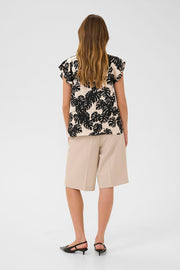 Miso Berna Cap-Sleeved Top in Black Palm-Leaf Print