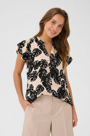 Miso Berna Cap-Sleeved Top in Black Palm-Leaf Print