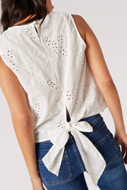 Tropical Embroidery Tie-Back Top in White