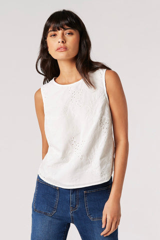 Tropical Embroidery Tie-Back Top in White