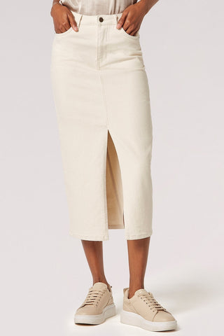 Split-Seam Denim Midi-Skirt in Cream