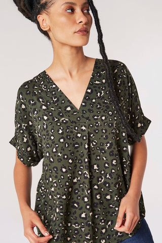 Pin-Tuck Pleated Top in Green Leopard Print