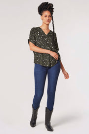 Pin-Tuck Pleated Top in Green Leopard Print