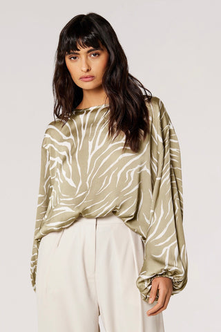 Satin Blouse in Mocha Zebra Print