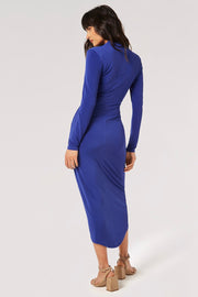 Draped Ity Wrapped-Skirt Midi-Dress in Sapphire Blue