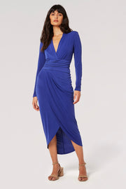 Draped Ity Wrapped-Skirt Midi-Dress in Sapphire Blue