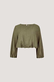 Linen Mix Bubble Hem Top in Khaki