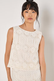 Tile Crochet Lace Shell Top & Maxi Skirt With Side Split in Off White