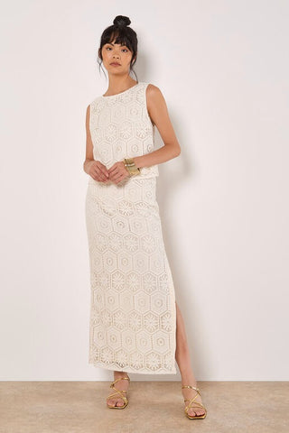 Tile Crochet Lace Shell Top & Maxi Skirt With Side Split in Off White