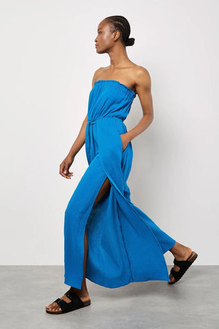 Bandeau Wrap Leg Tetra Jumpsuit in Azure Blue