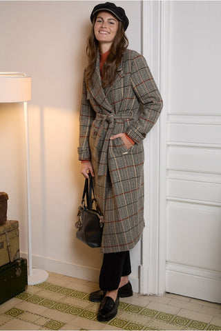 Herringbone Stretch Plaid Long Coat