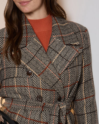 Herringbone Stretch Plaid Long Coat