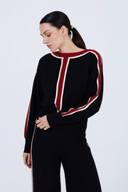 Sweater in Black with Red Intarsia Stripe Detail