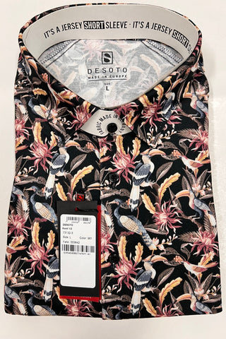 Short-Sleeved Knit Sport Shirt in Tropical Bird Print