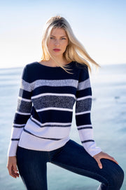 Boat-Neck Sweater in Navy Stripes