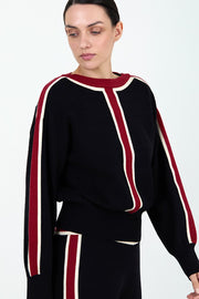 Sweater in Black with Red Intarsia Stripe Detail