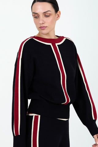Sweater in Black with Red Intarsia Stripe Detail