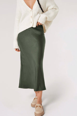 Bias-Cut Maxi Skirt in Khaki Satin