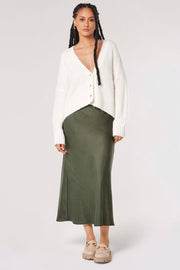 Bias-Cut Maxi Skirt in Khaki Satin