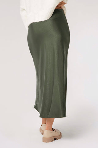 Bias-Cut Maxi Skirt in Khaki Satin