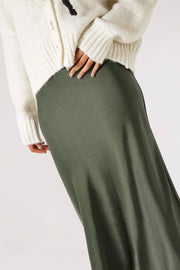 Bias-Cut Maxi Skirt in Khaki Satin