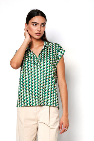 Fiona Short-Sleeved Jersey Top in Green Print