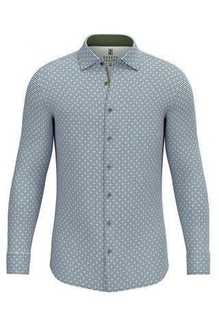 Long-Sleeved Sport Shirt in Blue/Green Square Floral Print